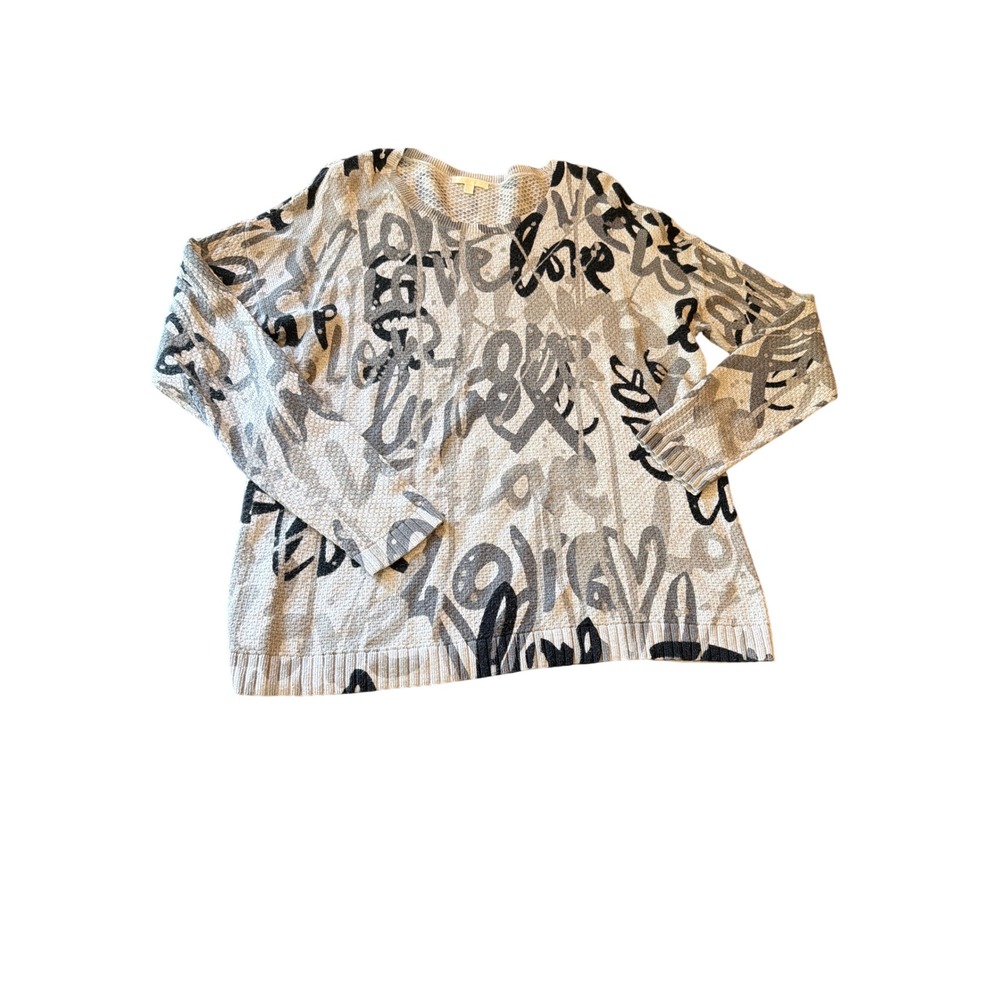 Lisa Todd Sweater Grey Love Graffiti Print Cotton Waffle Knit Long Sleeve Top L